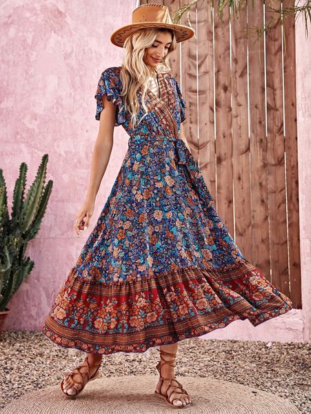 

surplice neck allover print ruffle hem belted dress b40w#, Black;gray