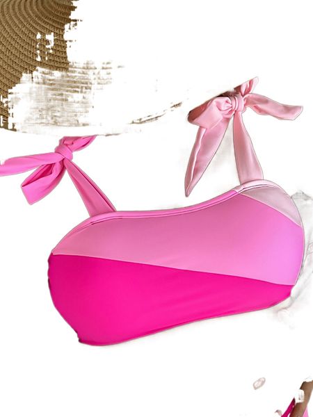 

color block tie shoulder bikini l6se#, White;black