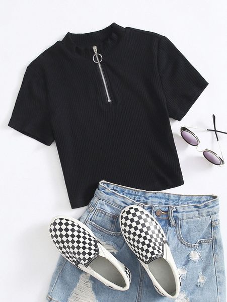 

o-ring zip up placket rib-knit tee f0b7#, White