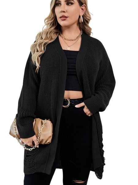 

plus drop shoulder ripped cardigan a9vi#, Black