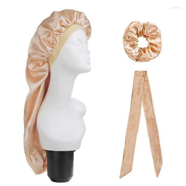 Beanie/Totenkopfkappen 3 Stück Satin Bonnet Schlafmütze mit Haargummi Scrunchies Stirnband Set Einfarbig Extra große lange seidige Nachtmütze Headwrap Ol