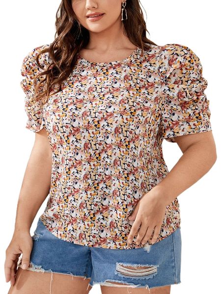 

plus allover floral print keyhole back puff sleeve blouse v8gu#, Black