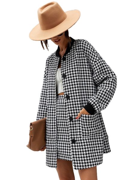 

houndstooth print drop shoulder coat & skirt g5zq#, White