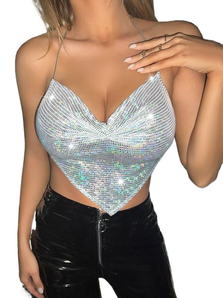 

backless ruched bandana chain detail metallic halter g8rw#, White