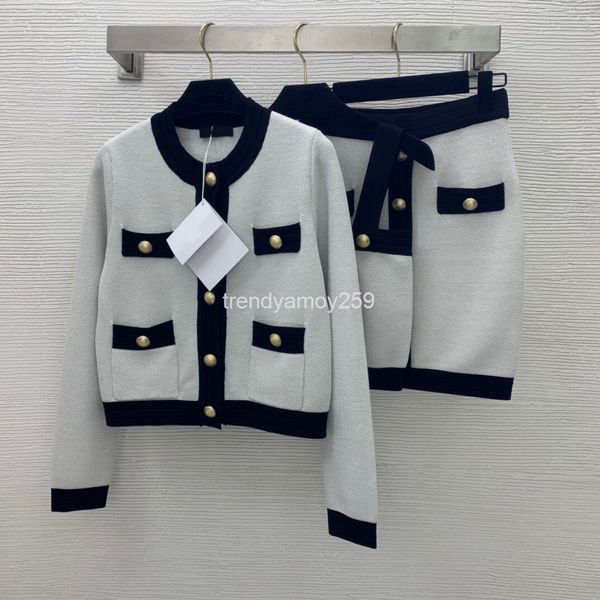 

women's two piece pants golden thread bright silk blended knitted fabric round neck cardigan coat strapless suspender half skirt three, White