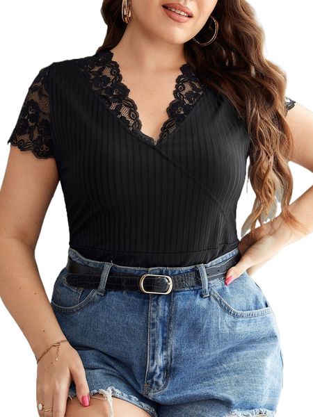 

plus lace trim tee x7va#, Black