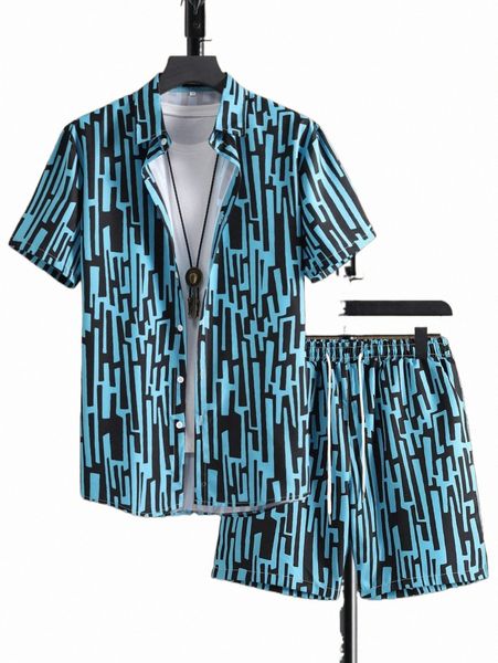 

men random allover print shirt & drawstring waist shorts without tee 816i#, Gray