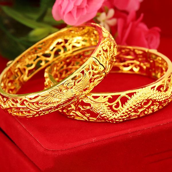 

1pcs dragon phoenix lady bangle dubai bracelet for women solid 18k yellow gold filled classic fashion wedding party gift dia 60mm, Black