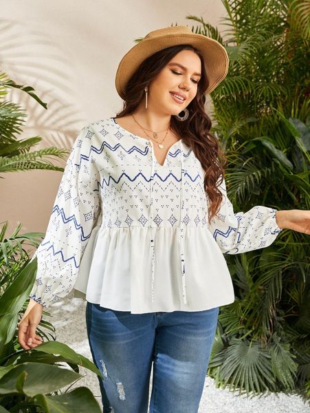 

plus geo print tie neck peplum 93as#, Black