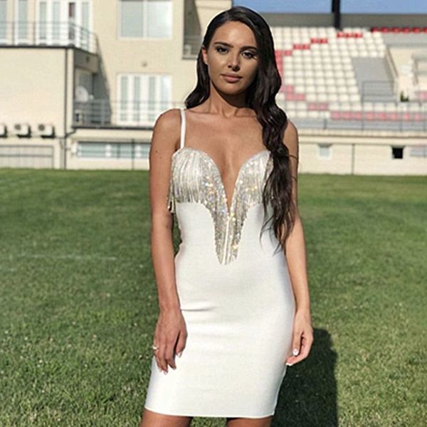 

fashion women ladies tassel bodycon bandage dress summer sheath deep v neck spaghetti strap adjustable party dress 210414, Black;gray