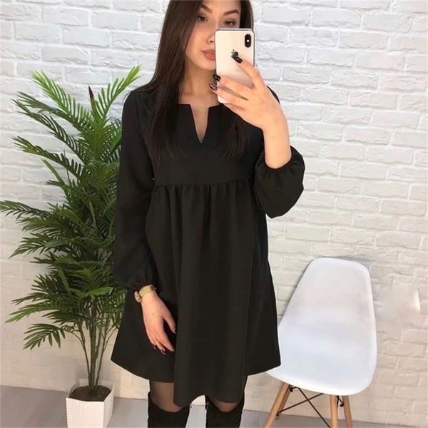 

casual loose mini dress for women vintage v neck lantern sleeve solid color dresses 2022 spring fashion high waist dress 220317, Black;gray