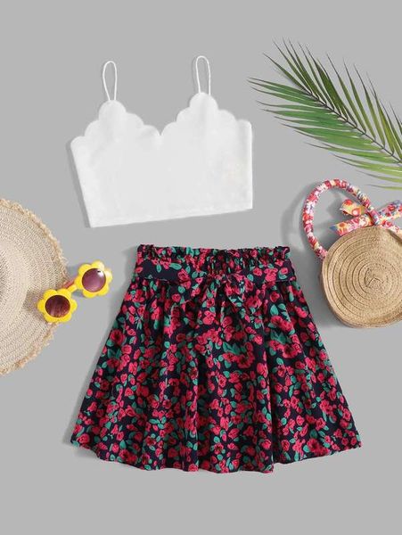

girls scallop cami & floral print belted skirt set she, White