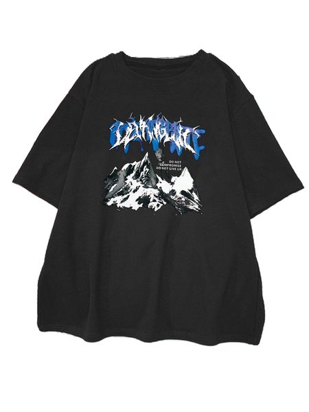 

plus mountain and slogan graphic tee d70x#, Black