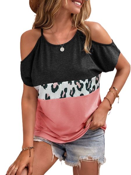 

cold shoulder color block tee j74d#, White