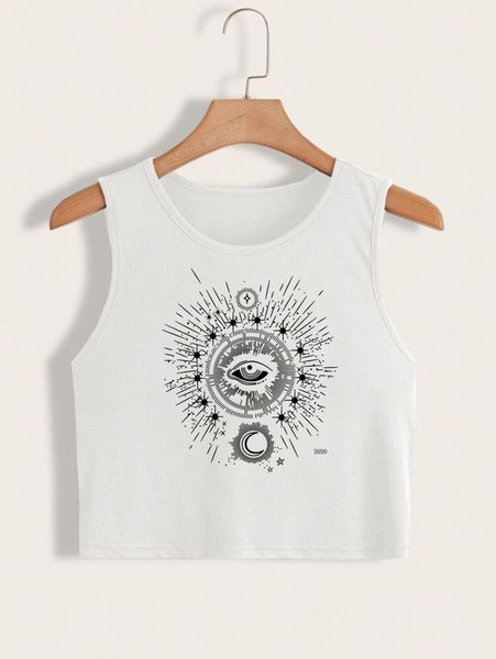 

plus eye & moon print tank 74mq#, Black