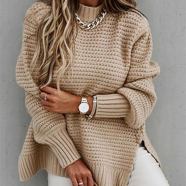

autumn winter women knitted sweater mock neck casual loose basic pullovers warm elegant solid batwing sleeve side split 220813, White;black