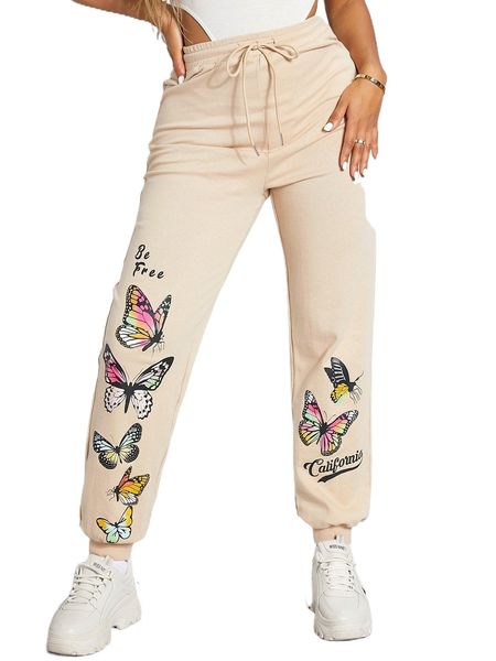 

sxy slogan & butterfly print drawstring waist sweatpants b0xa#, Black;white