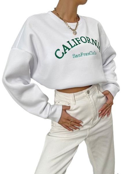 

letter embroidery drop shoulder sweatshirt w9g8#, Black