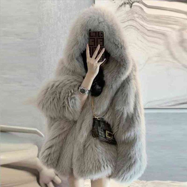 

women's winter jacket fur coat thickened outerwear warm female faux fur hooded coats fashion jackets t220810, Black
