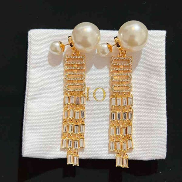 

design jewel ornament charm earring pearl letter inlaid diamond tassel earrings simple female large pearl square diamond earrings, Golden