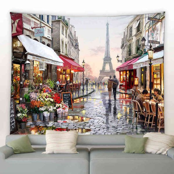 Tapisserie Street Landscape Paris Tower Print Wall Carpet Oil Paint Hippie Hangin