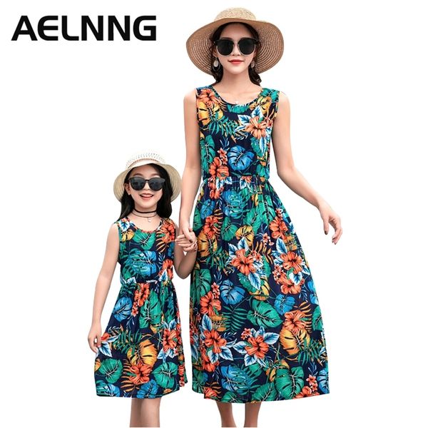 

mother daughter dress summer fashion printing sleeveless dresses for mother kids matching family outfits t1006 220426, Blue