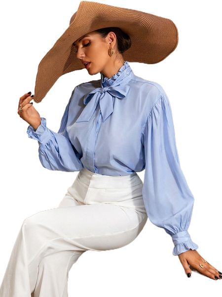 

tie neck frill trim plicated detail lantern sleeve shirt m1dk#, White