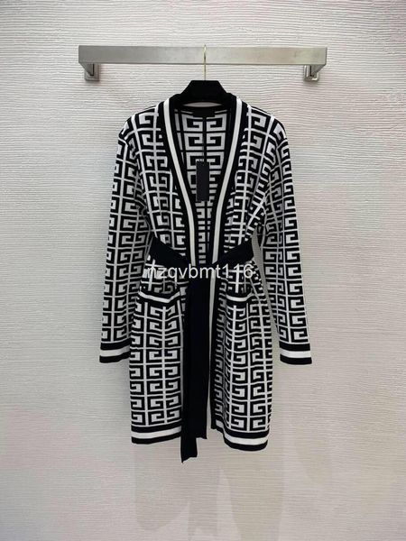 

women's knits & tees winter fashion personality maze pattern with belt waist thin medium and long knitted cardigan coat, White