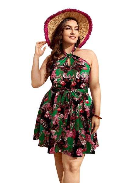 

plus shell & fish print halter neck backless belted dress t05l#, Black