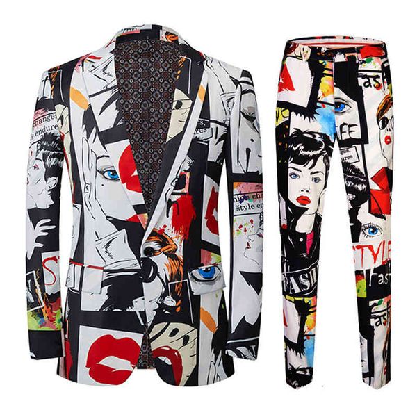 

men's suits & blazers trendy men's fashion printed two-piece suit jacket casual hip hop slim fit singer clothing, White;black