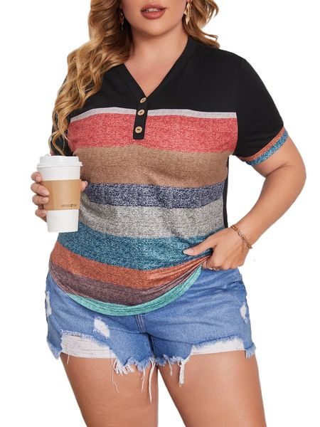 

plus colorblock half button tee 36az#, Black