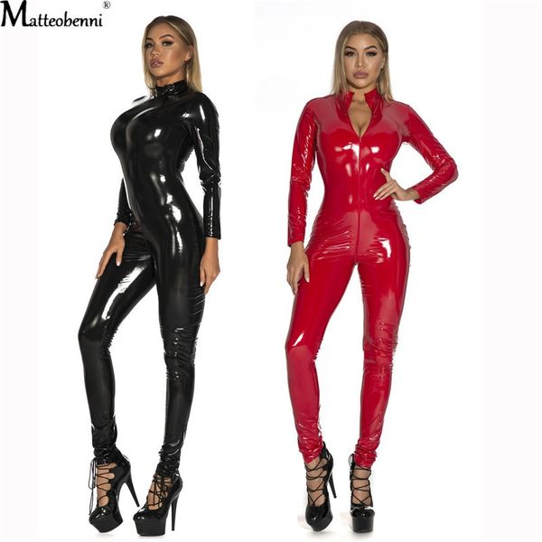 

costumes erotic crotchless latex bodysuit double zipper dress for women breast exposing open crotch leather catsuit lingerie, Black