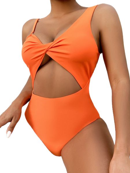 

asymmetrical neck twist front cut out one piece swimsuit d7wg#, White;black