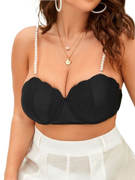 

plus scallop trim fake pearl decor push up bikini z0ln#, Black