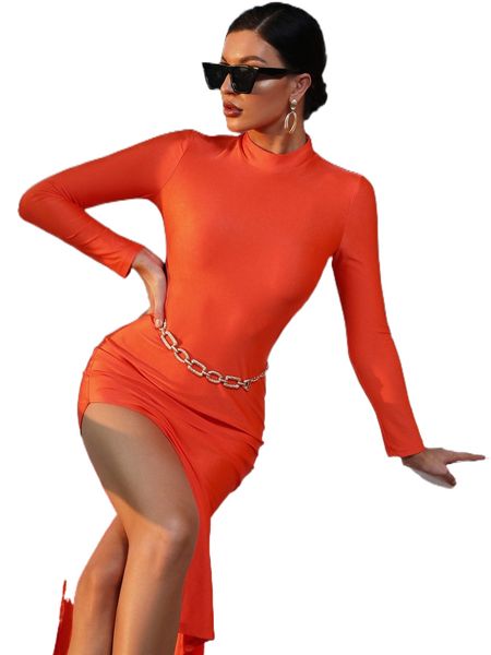 

mock neck split thigh dress without belt d6uv#, Black;gray