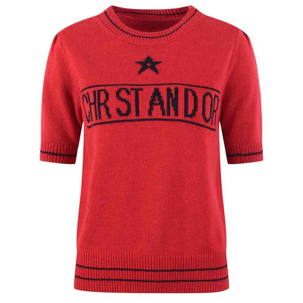 

women's knits tees letter five pointed star jacquard embroidery sweater spring fashion round neck short sleeve bubble y6au, White