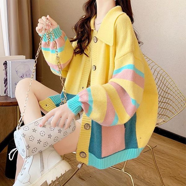

women's knits & tees knitted cardigan coat women's autumn winter fashion leisure loose color matching lady button pocket korean ha, White