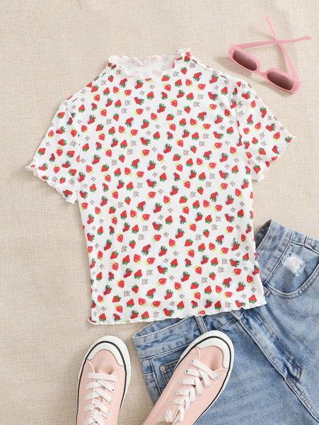 

strawberry print mock neck lettuce trim tee e7ee#, White