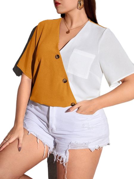 

plus colorblock patched pocket button front blouse 35om#, Black