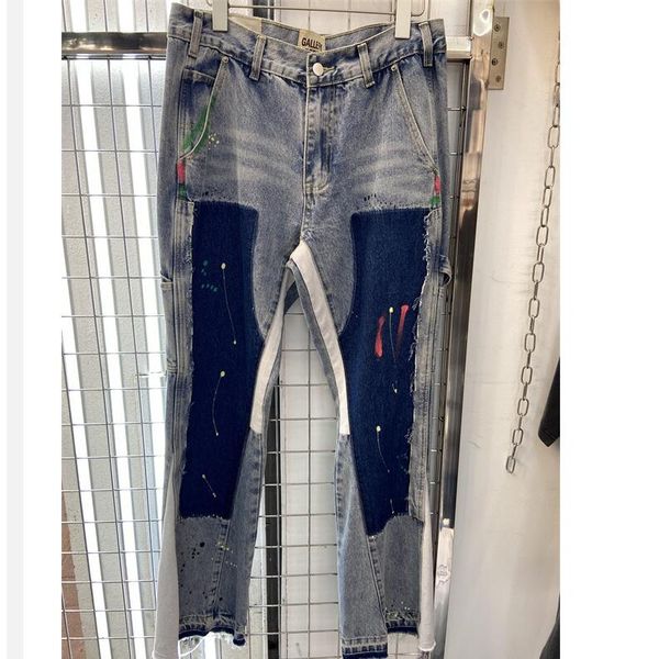 

black blue 2023ss high street denim pants ripped patch embroidered leather men stretch feet fashion casual men's jeans, Black;brown