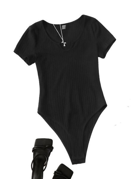 

ribbed knit notched neckline bodysuit j0fj#, White
