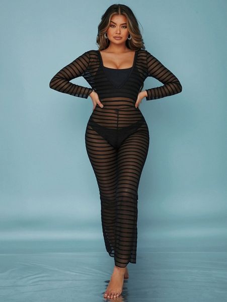 

striped plunging cover up bodysuit k0kb#, White;black