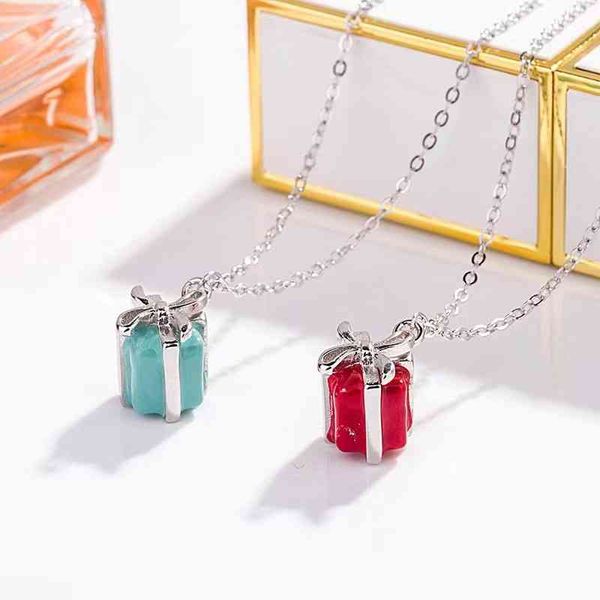 

7uyq strands, strings t home s925 enamel red blue gift box necklace women's fashion simple pendant clavicle chain jewelry gift, Black