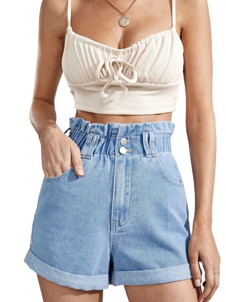 

high waist frill roll up hem denim shorts p9xw#, White;black