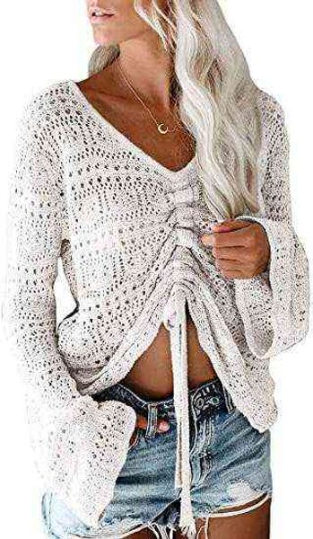 

women's sweater sweet drawstring thin knit drawstring, White;black