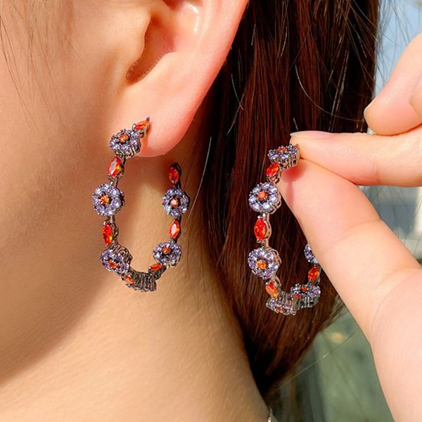 

luxury colorful flowers hoop earring designer for woman party purple red zirconia diamond earring south american wedding engagement fashion, Golden;silver