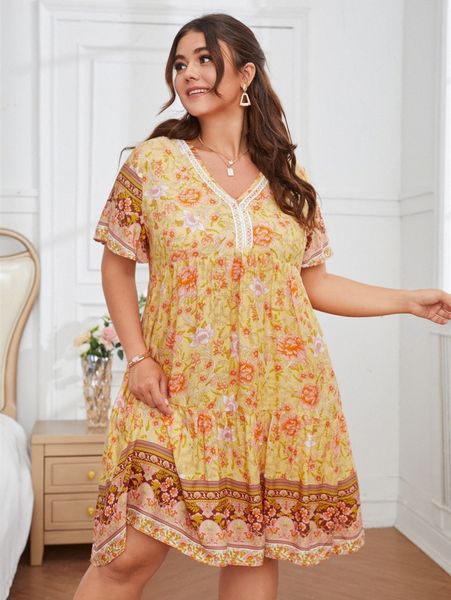 

plus allover floral print butterfly sleeve ruffle hem dress i3nm#, Black