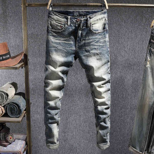 

men's jeans fashionable worn jeans men's fashion brand slim fit feet korean elastic casual pants 894a, Blue