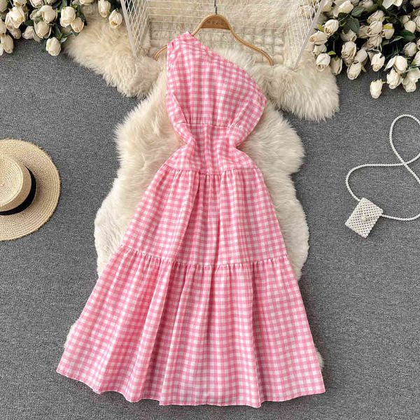 

casual dresses spring 2022 diagonal shoulder plaid printed large swing dress feminine fashion long skirt trend 0s6e, Black;gray