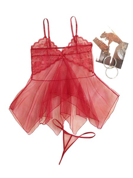 

floral lace contrast mesh slips with thong w9fv#, Black;red